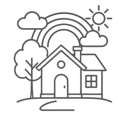 Simple line drawing of a house with a rainbow and sun