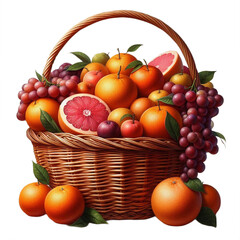  Wicker Basket Filled with Oranges, Grapefruits, and Red Grapes, Accented with Green Leaves, Positioned on a Transparent Background with Bright Even Lighting and a Clean, Centered Composition