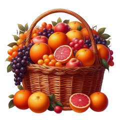  Wicker Basket Filled with Oranges, Grapefruits, and Red Grapes, Accented with Green Leaves, Positioned on a Transparent Background with Bright Even Lighting and a Clean, Centered Composition