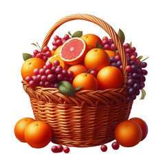  Wicker Basket Filled with Oranges, Grapefruits, and Red Grapes, Accented with Green Leaves, Positioned on a Transparent Background with Bright Even Lighting and a Clean, Centered Composition