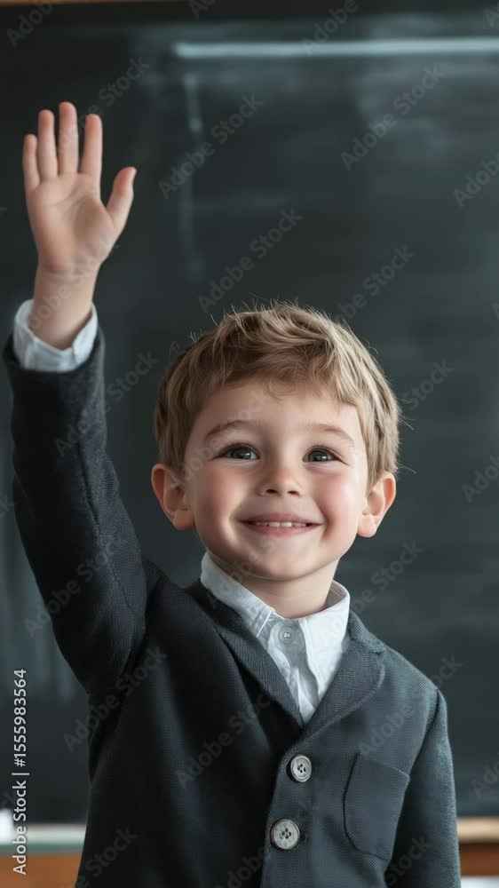 Poster smart young pupil eagerly raising hand in an elementary school classroom, demonstrating enthusiasm f