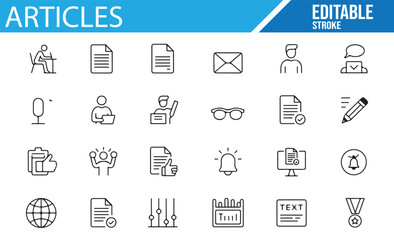A collection of editable icons representing articles, writing, documents, and communication, including symbols for writing, editing, publishing, and communication.