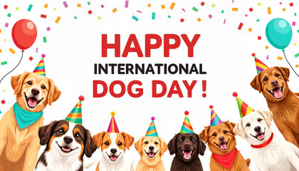 Fototapeta premium Happy dogs celebrating International Dog Day with colorful party hats 