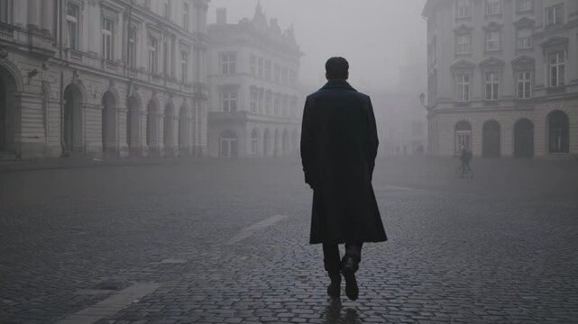 Man walks through fog city street, fog city wraps lonely traveler, fog city echoes urban solitude, fog city blurs edges of thought. Concept existential journey.