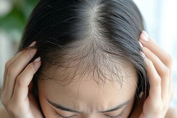 Hair loss problem, Asian woman inspecting her scalp, concerned about balding, symbolizing anxiety about hair thinning., Generative AI
