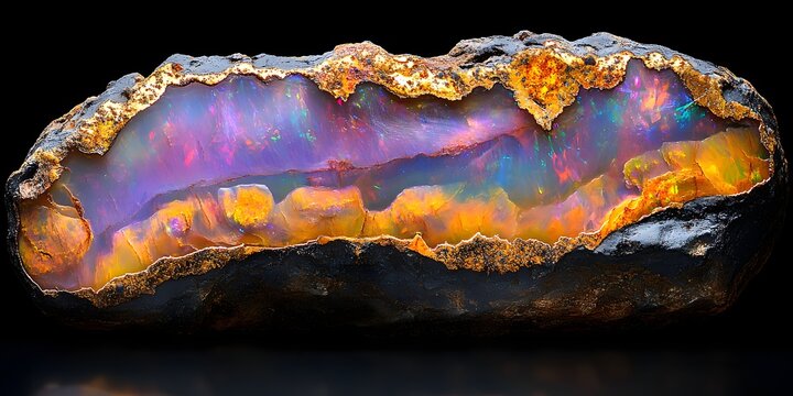 A close up of a boulder opal with vibrant colors and a dark matrix on a black reflective surface