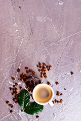 Coffee cup and coffee beans on gray background, Black coffee cup aromatic
