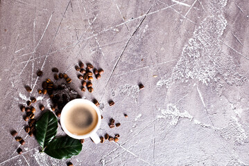 Coffee cup and coffee beans on gray background, Black coffee cup aromatic