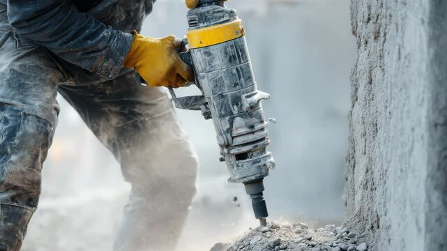 A construction worker uses a powerful drill to break apart concrete at a demolition site. The air is filled with dust as the worker focuses on the task at hand amid the busy environment