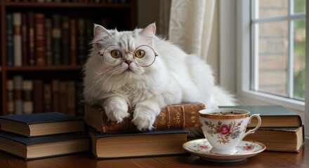 Fluffy white cat wearing glasses sitting on books with tea cup