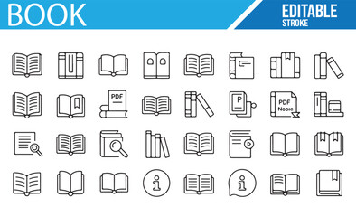  A collection of editable book icons, including symbols for open books, PDFs, e-books, and reading materials.