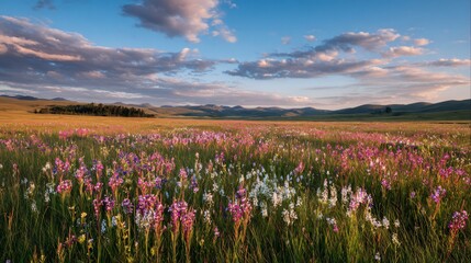 Fototapeta premium Expansive wildflower meadow with long shadows and peach sky