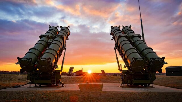 Two missile launchers stand tall against a vibrant sunset sky. The setting highlights military technology and showcases readiness