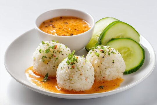 Delicious kenkey rice balls served with spicy pepper sauce and fresh cucumber slices, perfect for any meal craving