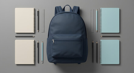 Sleek navy blue school backpack centered against soft pastel blocks for marketing or back to school promotions