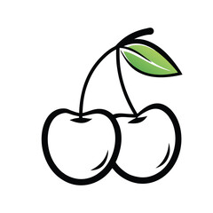 Cherry outline vector icon. Cherry fruit line art with leaf. Fruit cherry vector illustration