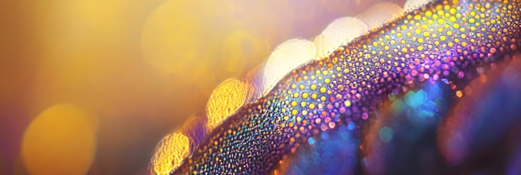 A close up of a textured surface with colorful dots and blurred yellow and blue background lights