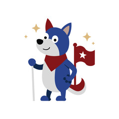 Cartoon dog holding mini flag and bone with sparkling stars Vector illustration