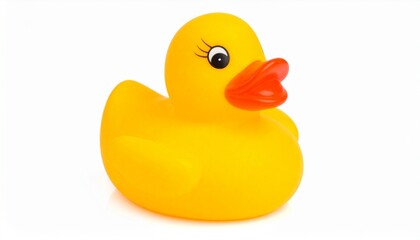 A bright and cheerful yellow duck toy is isolated against a white background.