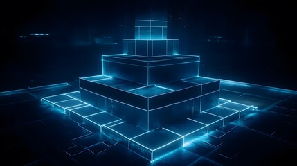 Glowing Blue Neon Pyramid Structure Abstract 3D Render