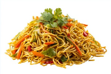 Delicious masala chowmein noodles tossed with fresh vegetables prepared on a pristine white background for a vibrant culinary presentation