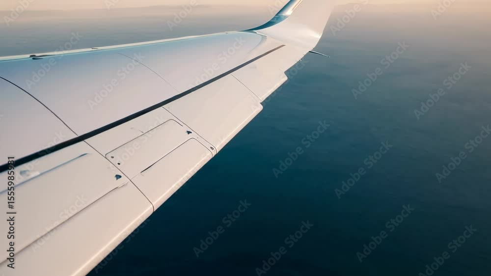 Poster sunlight glints off the white airplane wing, its ailerons and flaps subtly adjusting as it glides ab