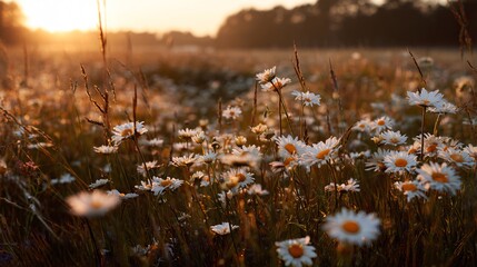 Overgrown field of daisies, golden sun dipping low, warm haze everywhere