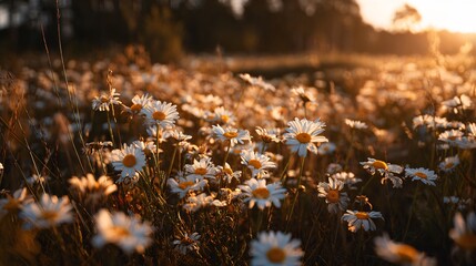 Overgrown field of daisies, golden sun dipping low, warm haze everywhere