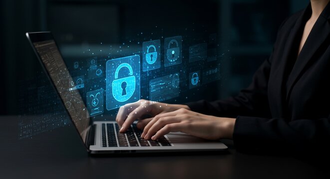 Cyber Security: Woman Typing on Laptop with Digital Lock Icons Overlay - Powered by Adobe