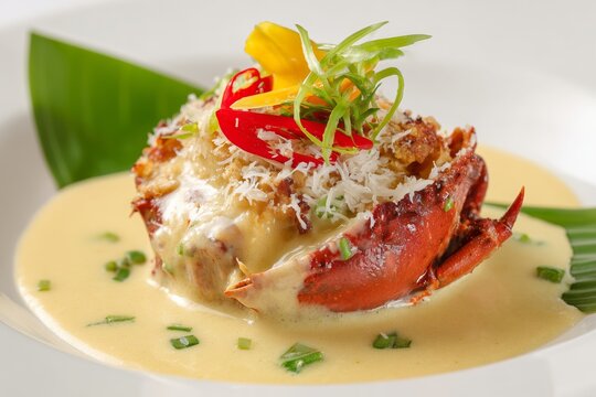 Delicious matapa served with crab garnish and coconut-cassava sauce on a clean white backdrop, highlighting vibrant colors and textures of this exotic dish