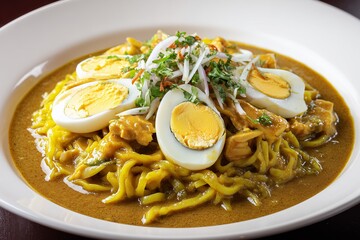 Delicious mee rebus featuring yellow noodles in rich peanut gravy topped with soft boiled eggs and fresh herbs on a white background