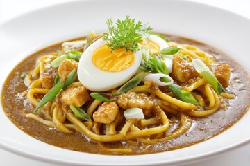 Mee rebus featuring yellow noodles in rich peanut gravy topped with egg and fresh garnishes on a white background celebrating traditional Malaysian cuisine
