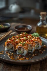 Delicious salmon sushi rolls topped with chopped scallions and red chili peppers served on a dark plate with dipping sauce and chopsticks