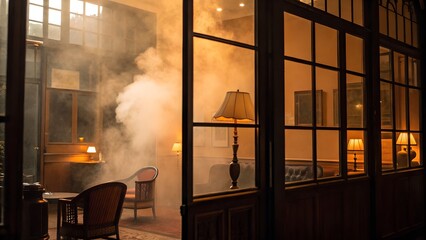 Interior room seen through steamed glass — warm tones and silhouette shapes