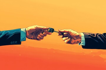 Buy second-hand auto or rent a car concept, close-up of used car agent handing over the auto key to a client, symbolizing vehicle sales or rentals., Generative AI