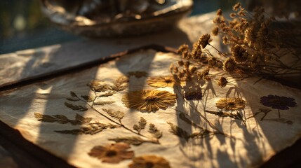 Wildflowers casting long shadows on terracotta patio tiles, dreamy ambiance