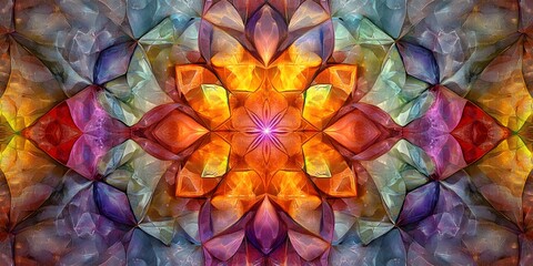 Abstract symmetrical design with vibrant colors and geometric shapes in a kaleidoscope style