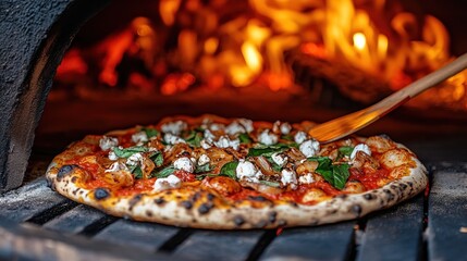 Delicious pizza with toppings in a wood-fired oven.