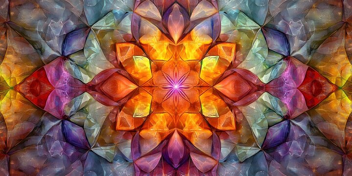 Abstract symmetrical design with vibrant colors and geometric shapes in a kaleidoscope style - Powered by Adobe