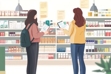 Inflation effect. Women customers checking product bills after shopping and noticing price increases., Generative AI