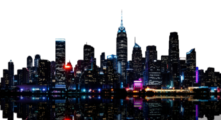 A vibrant city skyline at night with illuminated skyscrapers reflecting on water. The scene features various colorful lights and a clear, transparent background.