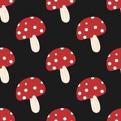 Playful red mushrooms with white dots on black background. Fun and bold pattern for fabric, kids decor, Halloween themes, and woodland-inspired designs.