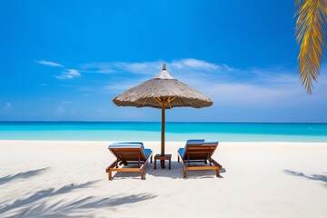 Fototapeta premium Beach chairs with umbrella on tropical beach at Maldives. Collage.
