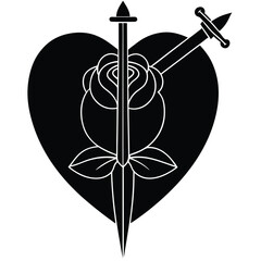 Black heart with a white rose pierced by two swords in a stylized design
