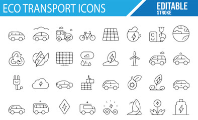 A collection of editable eco-friendly transport icons, including electric cars, bikes, buses, solar panels, wind turbines, and energy symbols.