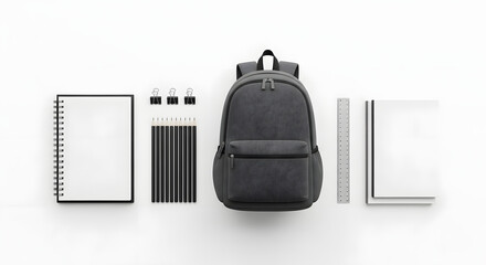 Flat lay of black backpack with phone, laptop, and notebook on white background for modern student lifestyle