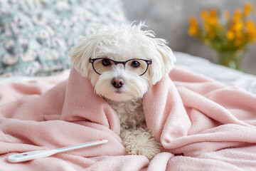 Cute Maltese dog wearing glasses under a pink blanket on a bed, pet feeling unwell