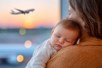 Mother holding sleeping infant at airport with departing airplane, travel concept and new journey beginning