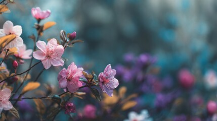 Soft-focus background with blooming florals in foreground, space for logo or overlay text