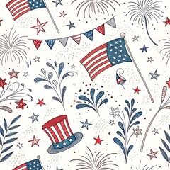 Patriotic Fourth of July Seamless Pattern with American Flags, Fireworks, and Uncle Sam Hat